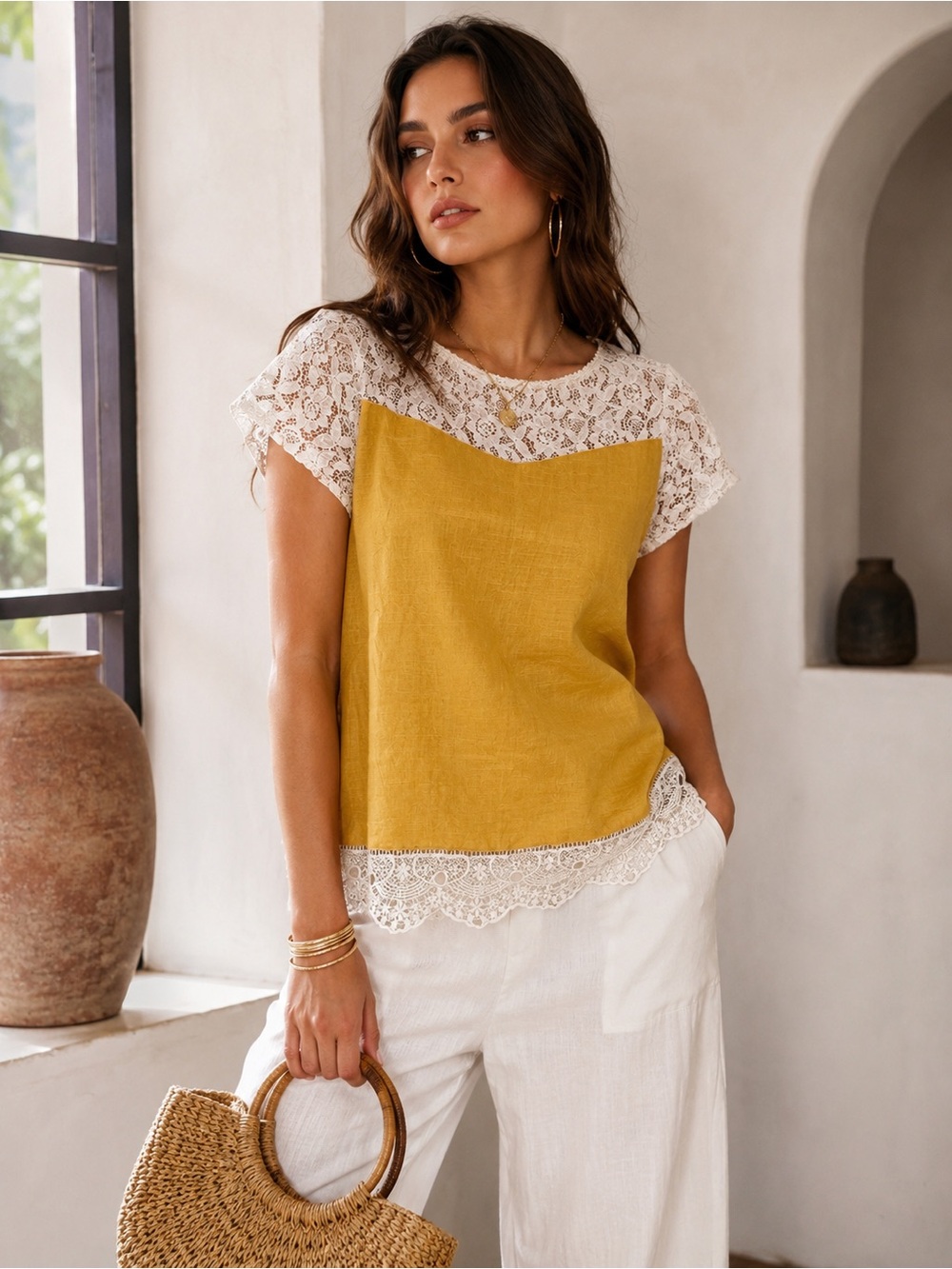 Umgee Mustard Lace Yoke Short Sleeve Top